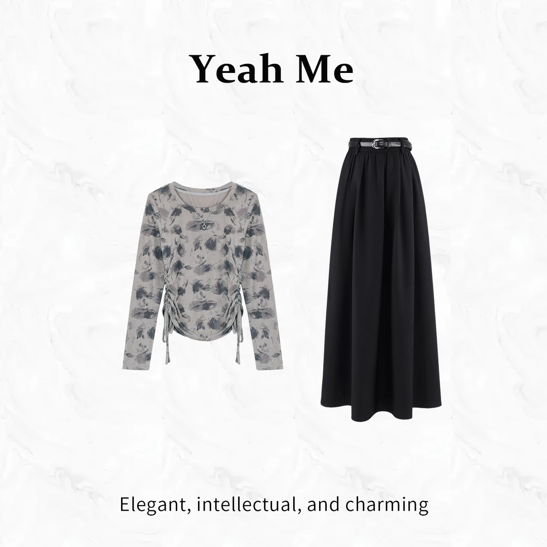 Yeah Me/也觅【水墨年华】秋季新款高级感半身裙套装文艺气质穿搭女