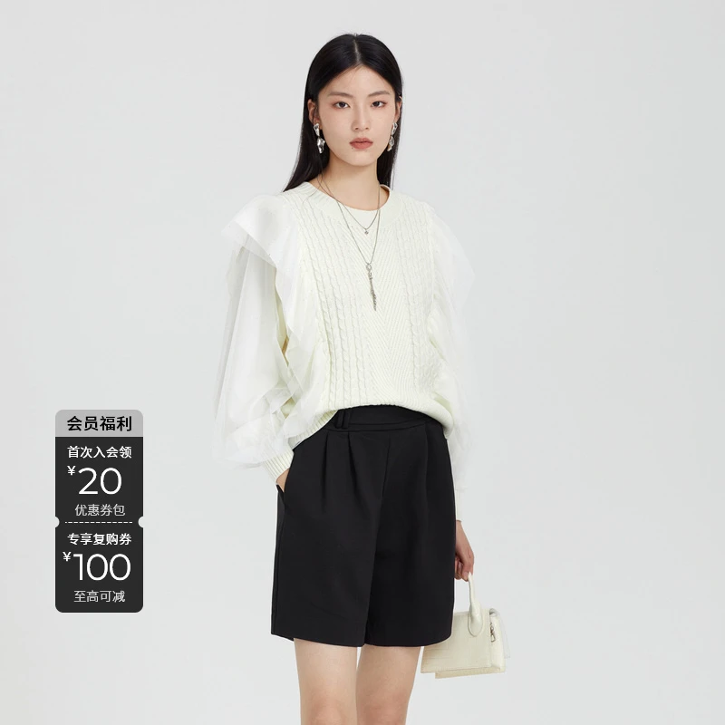 S·DEER圣迪奥时尚拼接初春设计师气质圆领通勤纯色针织衫女毛衣