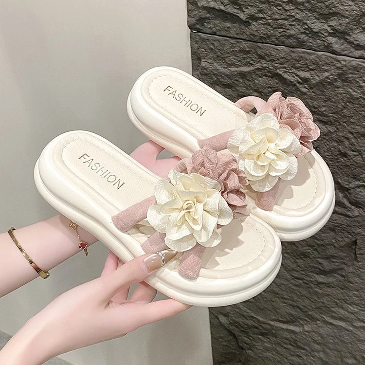 2025甜美花朵仙女风拖鞋女夏季韩版百搭网红度假旅游凉拖外穿百搭