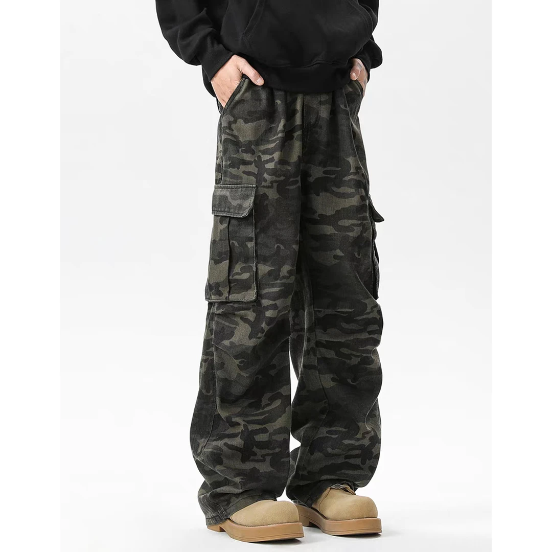 HandSeven夏季设计感迷彩工装裤设计感新款美式休闲宽松牛仔裤
