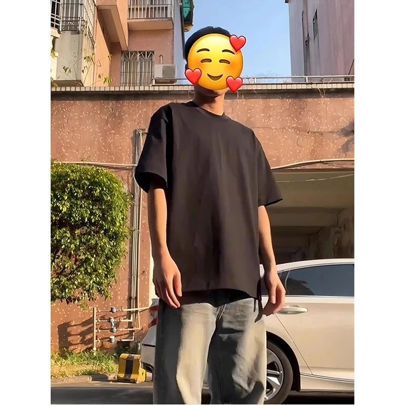 黑色320g重磅t恤男夏季精梳棉二本针短袖小领口美式潮牌宽松半袖