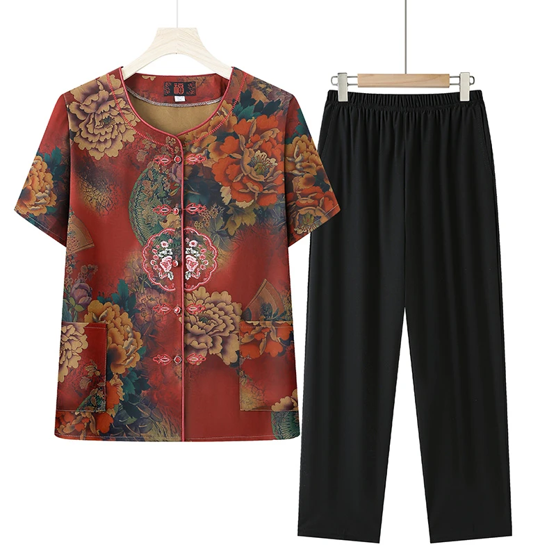 中老年女装夏季新款短袖套装妈妈装开衫上衣老人衣服奶奶装两件套