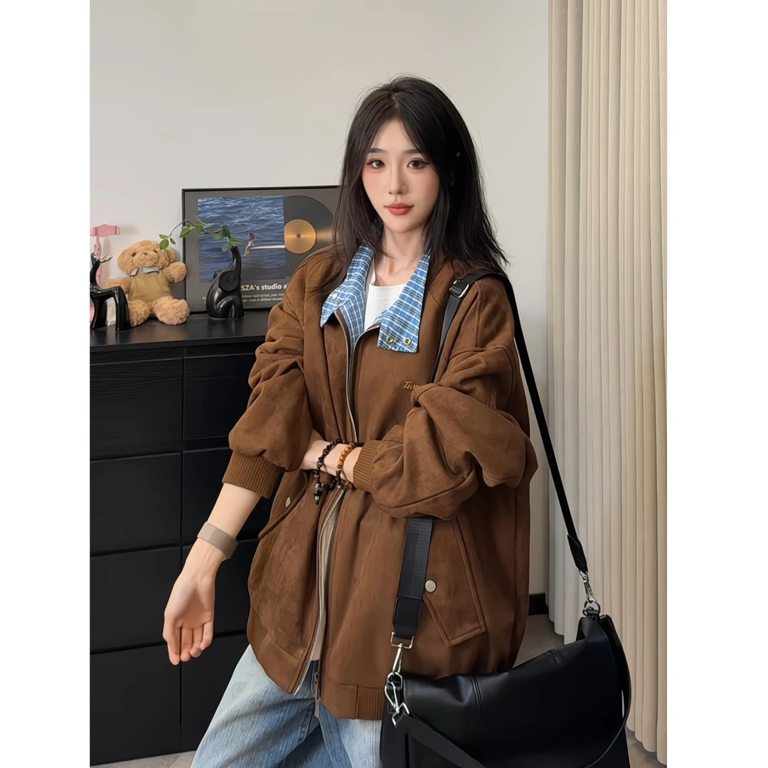 美式复古格子拼接仿麂皮绒外套男女秋季翻领美拉德棒球服休闲夹克