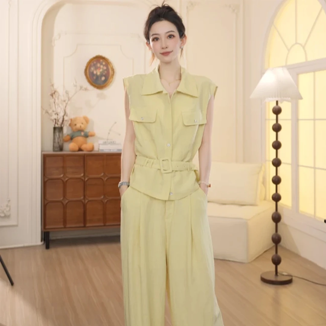 2025夏季设计师新无袖衬衫长裤两件套女