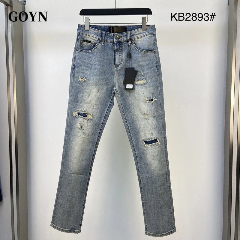 GOYN秋季2025新款潮牌男士弹力修身百搭小脚休闲男装破洞牛仔长裤