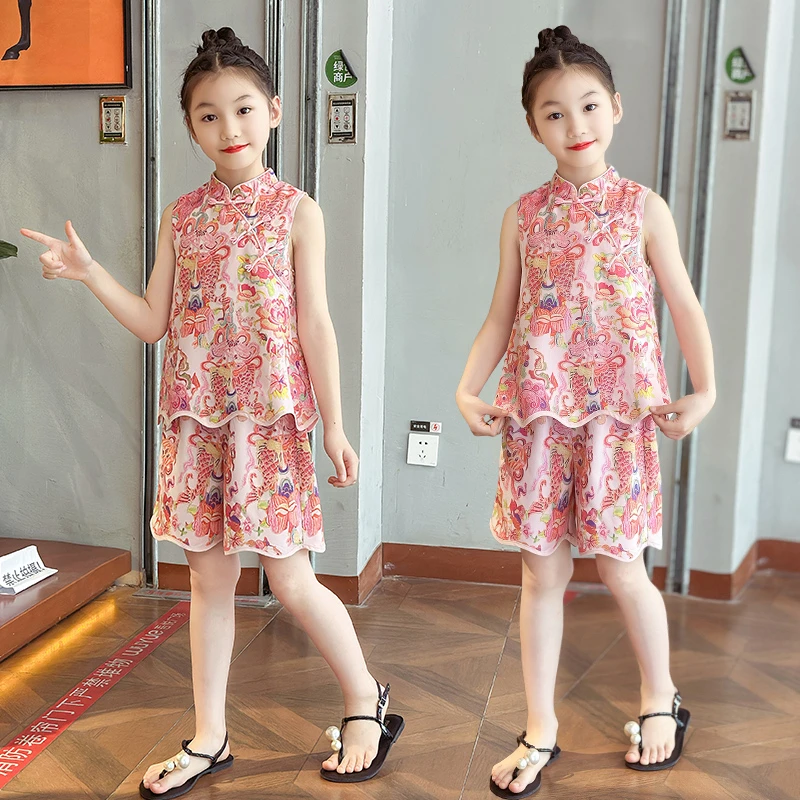 女童国风新中式提花旗袍套装民族风2025夏季汉服儿童古风两件套