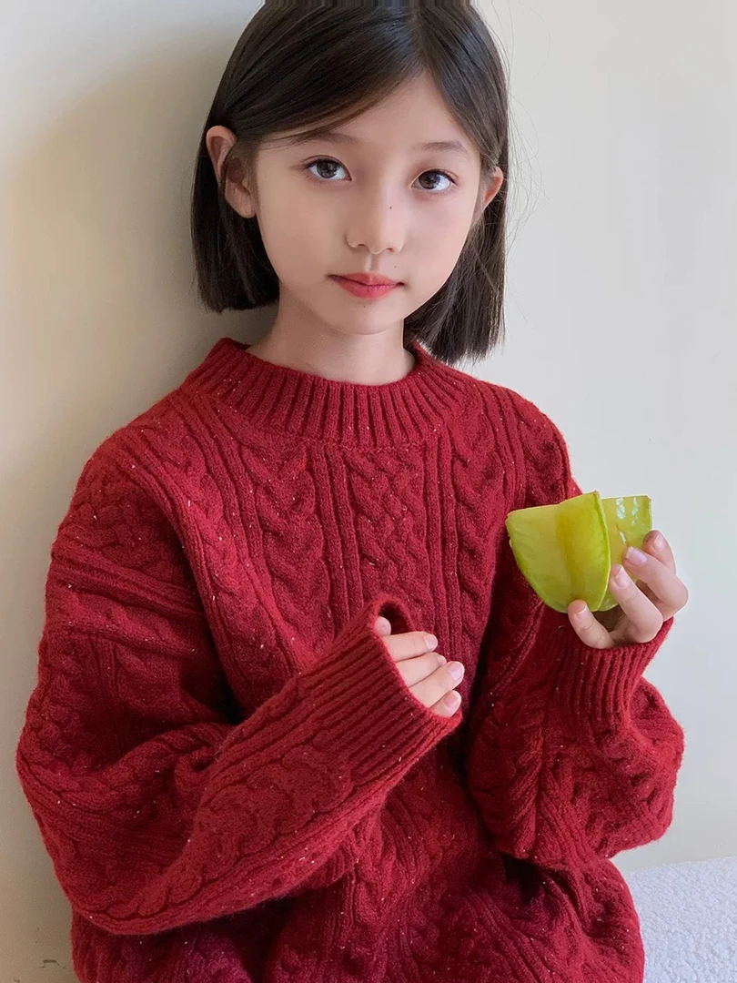 中童 红色麻花毛衣