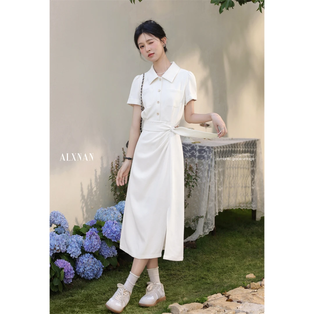 鹿向南「星河鹭起」法式衬衫裙杏色连衣裙女夏收腰裙子QYM002461