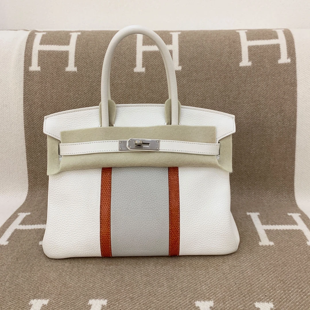 99新 Hermes/爱马仕 birkin 30 框O togo蜥蜴皮 纯白 拼色0114q0
