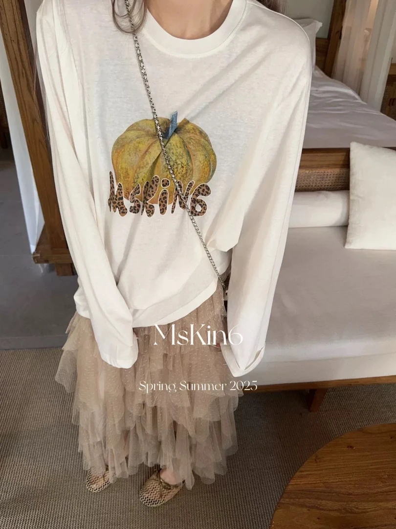 爽滑棉南瓜豹纹防晒T恤女宽松显瘦字母印花长袖慵懒百搭