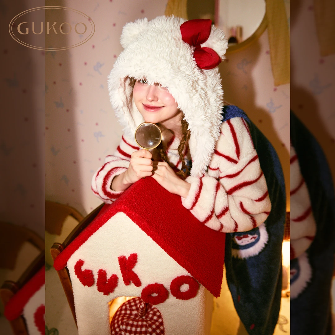 Gukoo/果壳mikko25年新款睡袍女冬天加厚可外穿条纹保暖可爱毛绒
