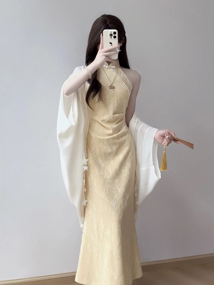 汀玥苓旗袍2025新款高端大气上档次国风挂脖连衣裙新中式少女夏季