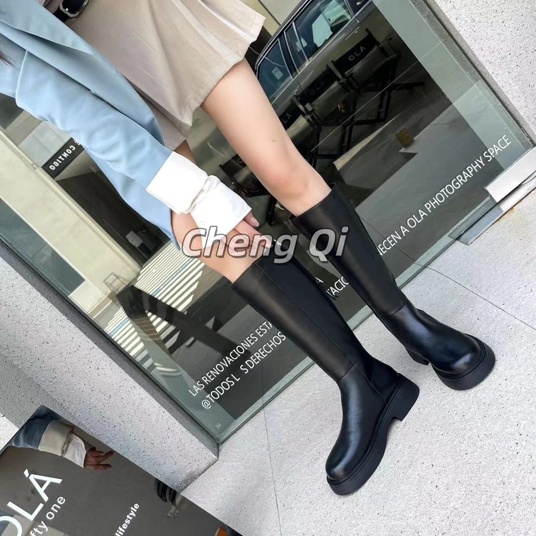 【Cheng Qi】优雅气质真皮长靴时尚英伦风弹力软底