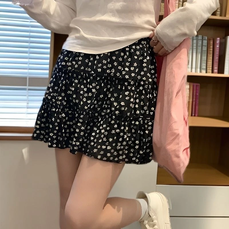 碎花系带荷叶边松紧高腰半身裙女2025夏季新款韩版显瘦a字短裙子