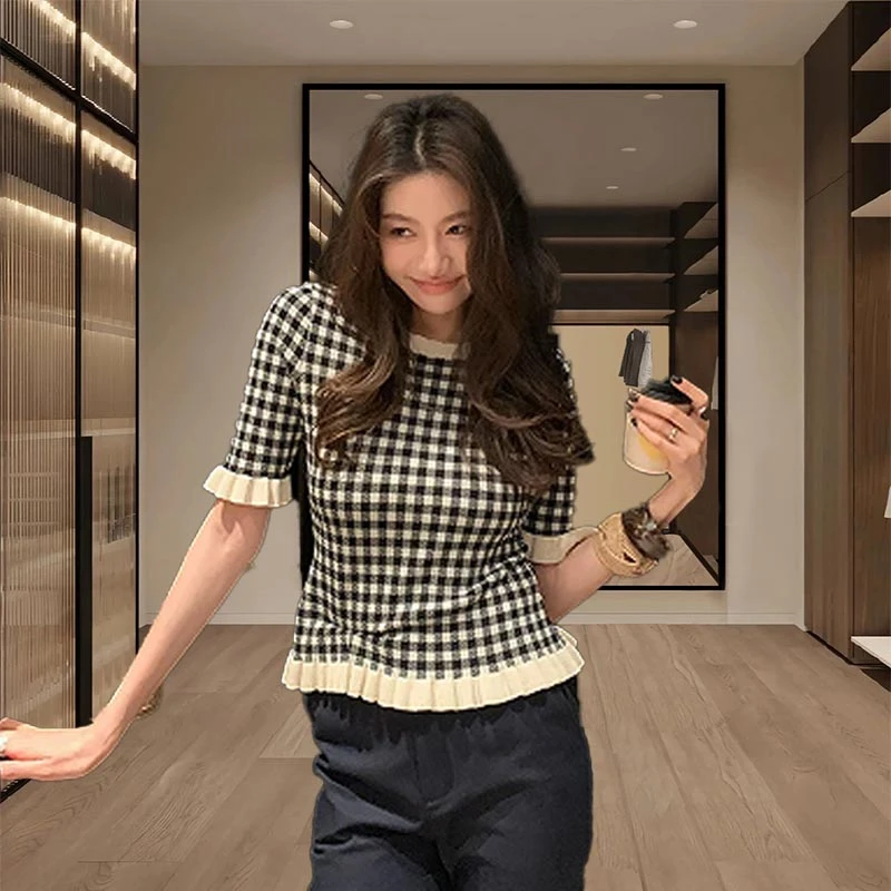 2025夏季新款英伦风复古提花黑白格子女士针织短袖高级感百搭上衣