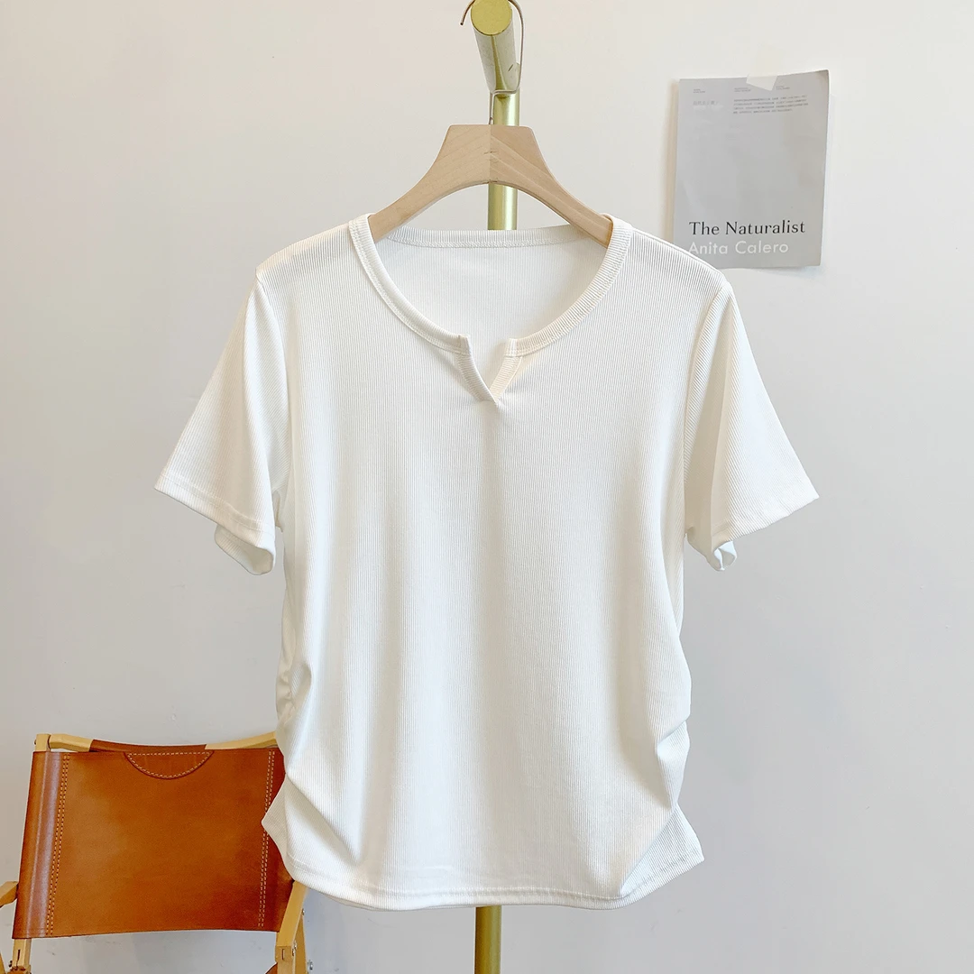 C4326坑条弹力腰侧褶皱V领短袖T恤