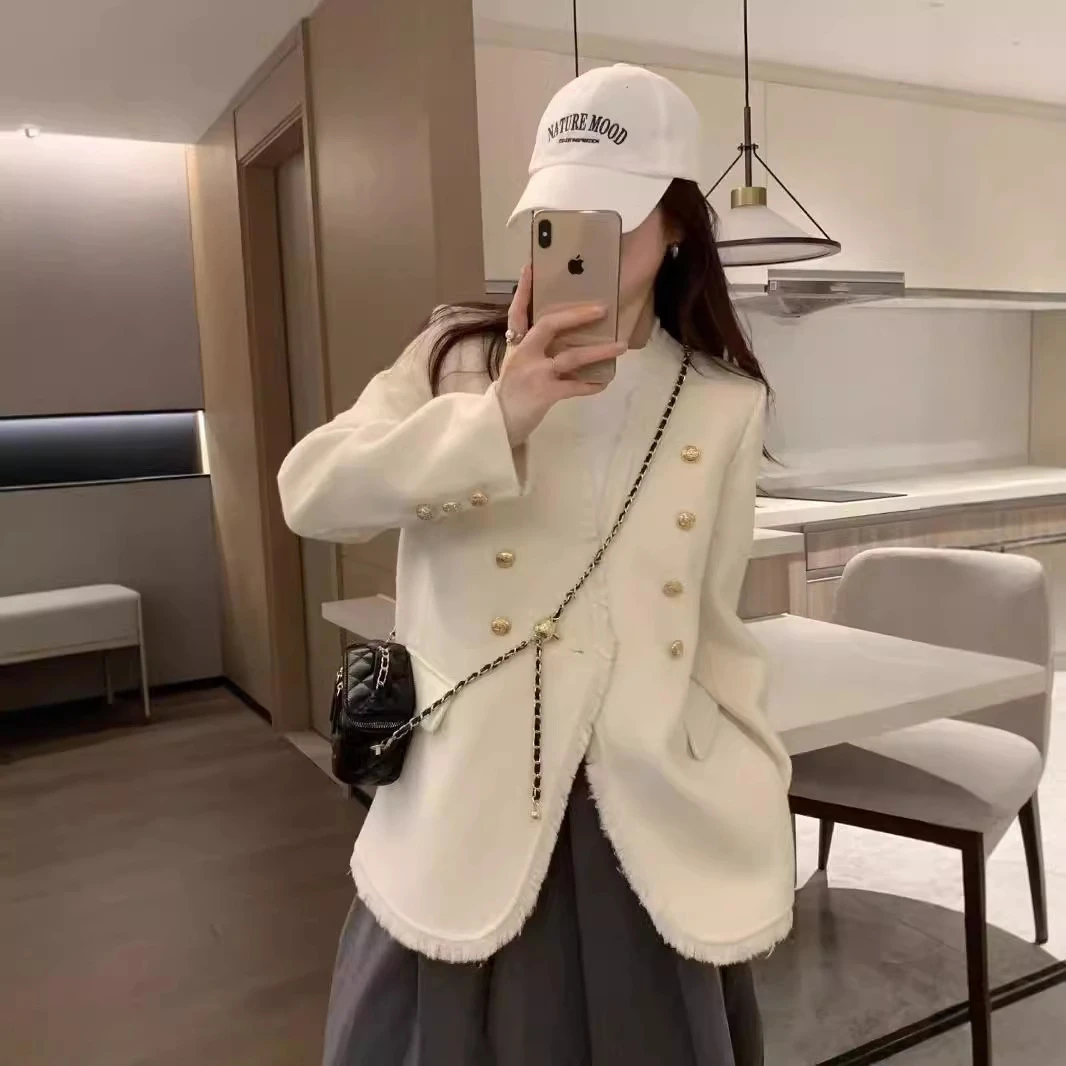 2024秋季新款羊毛小香风外套女宽松气质名媛V领西装羊毛大衣毛呢