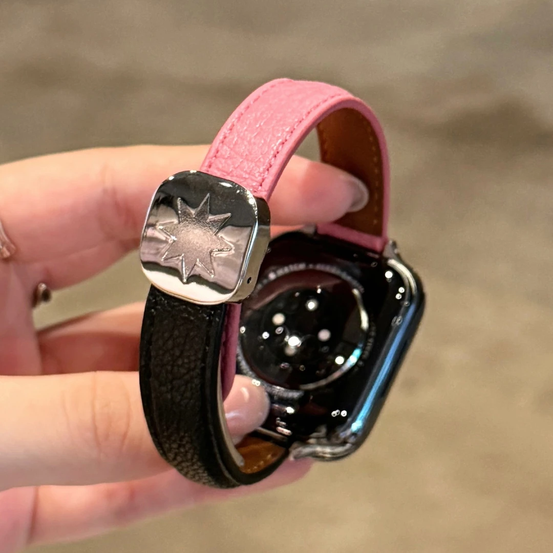 荔枝纹八芒星磁吸扣皮质苹果手表表带适用于Apple Watch9iwatch10