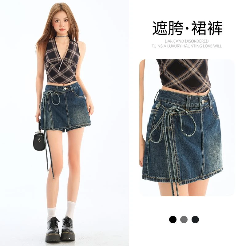 假两件A字牛仔裤裙女夏不规则洋气绑带小个子辣妹显瘦百搭短裙