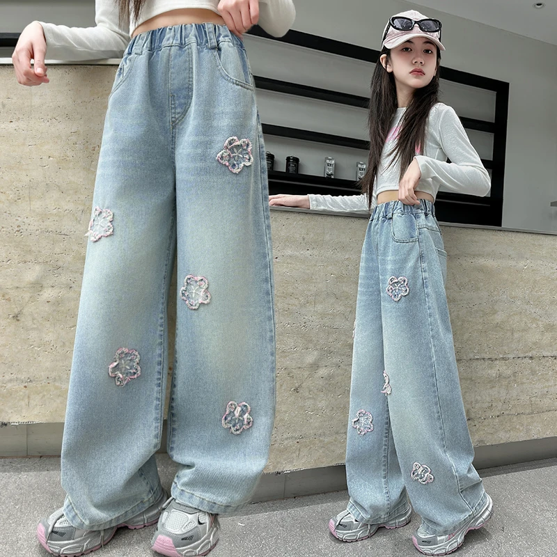 女童牛仔裤春装新款大童洋气窄版直筒裤爆款儿童春秋休闲阔腿裤子