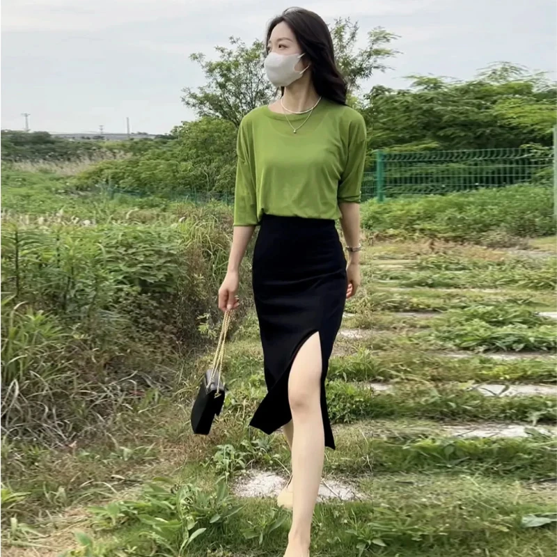 夏季半裙西装包臀通勤裙子女2025新款小个子高腰a字黑色长裙开叉