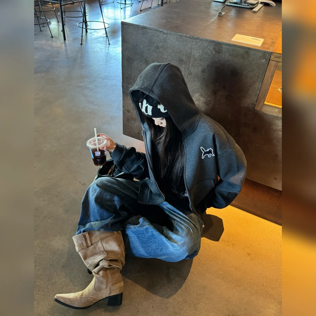 SuaMoment开衫卫衣猫咪织章连帽外套夹克男女装秋季拉链开衫上衣
