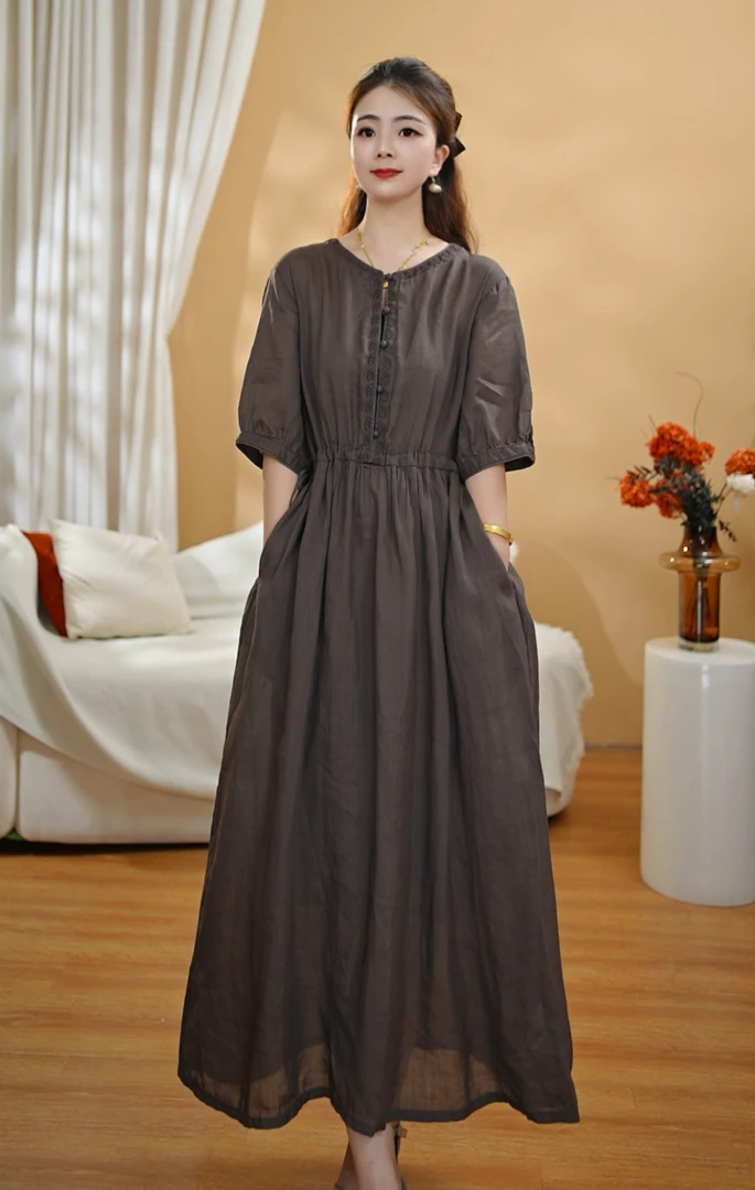 【素雅】夏季新品长款苎麻宽松收腰显瘦系带大裙摆连衣裙长裙3098