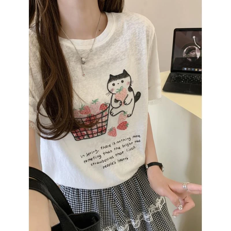小雅姐姐  “草莓小猫”韩系t恤IX92