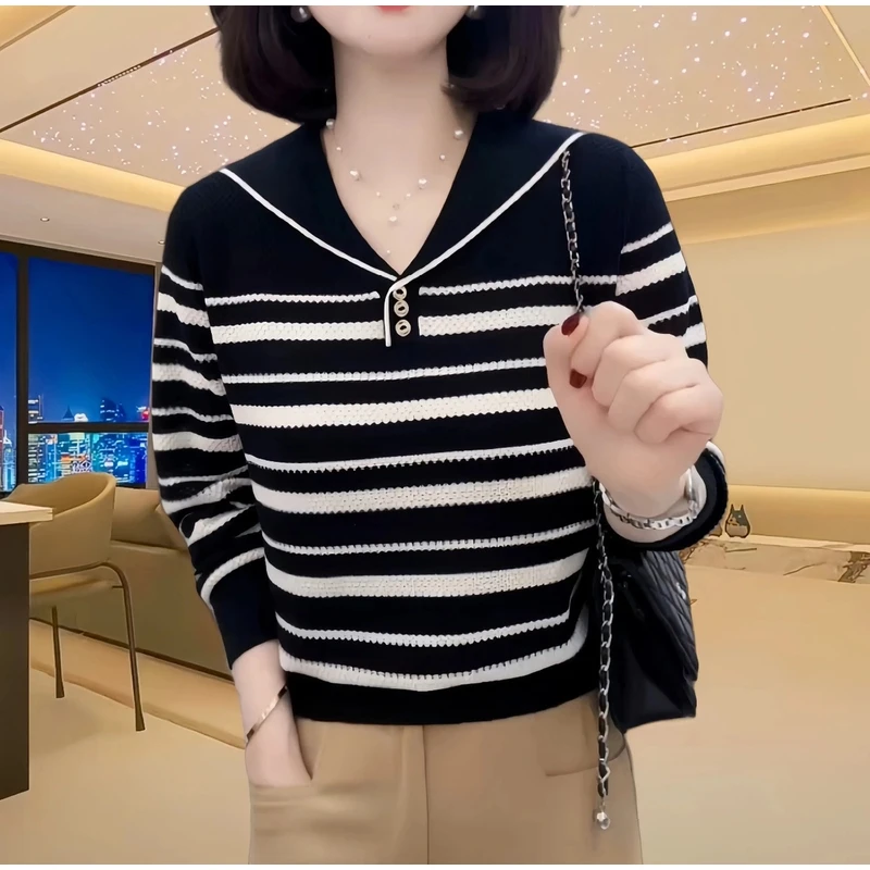 黑色条纹海军领针织衫女2025夏季新款百搭气质短袖套头衫