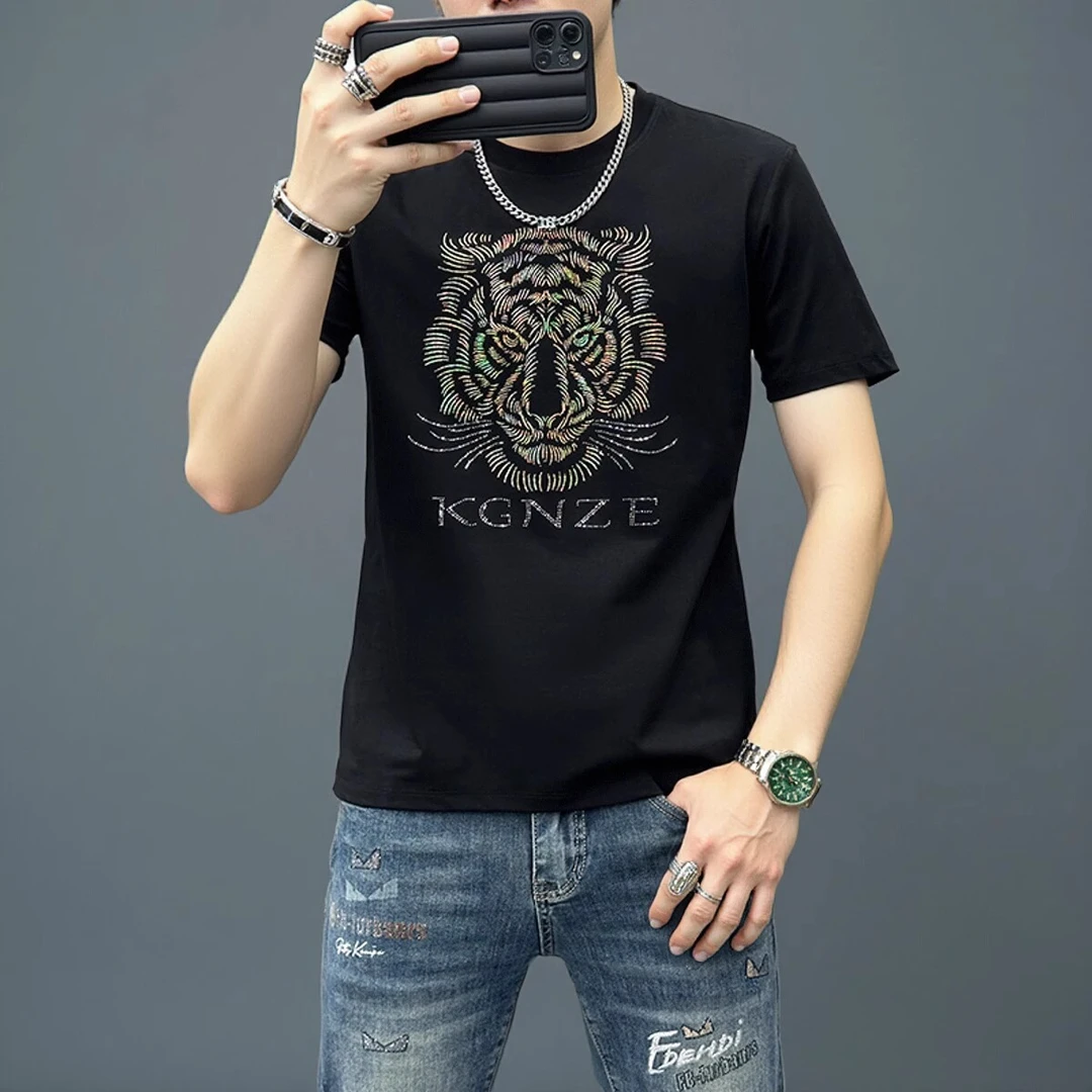 潮牌欧洲站烫钻印花半袖夏季男士潮流修身个性老虎头圆领短袖T恤