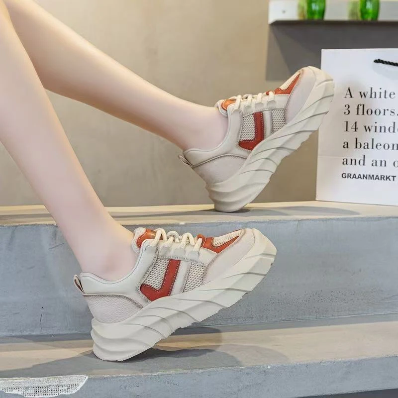 头层牛皮网面厚底增高6cm老爹鞋女2025新款运动鞋女夏薄款休闲鞋