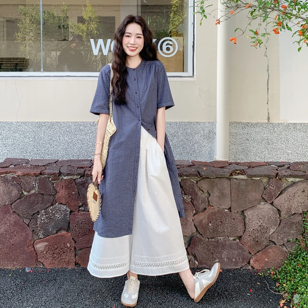 韩系格子罩衫阔腿裤套装女2025夏季新款设计感镂空显瘦裤子两件套