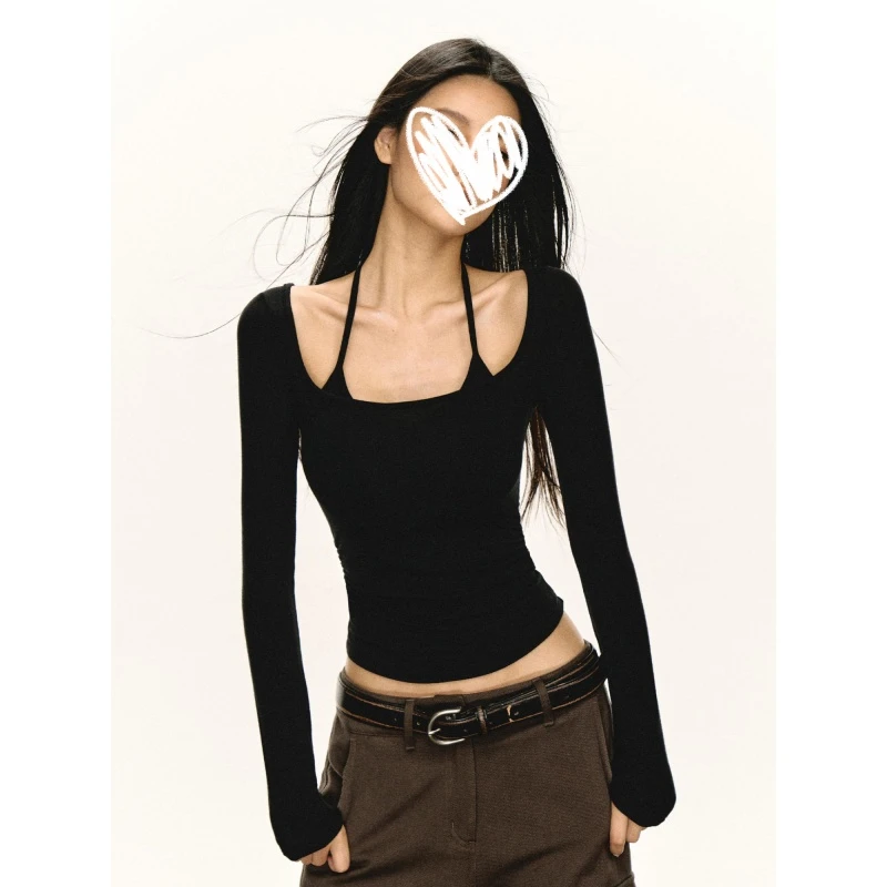 2025冬季新款美式设计感假两件长袖T恤打底修身显瘦气质纯欲上衣