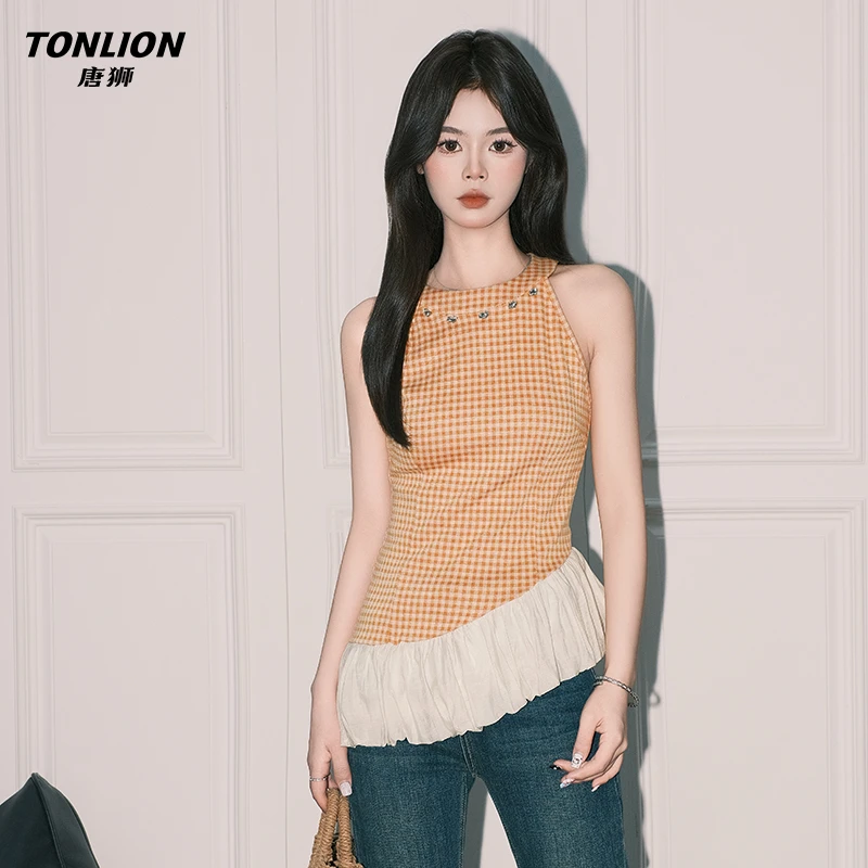 唐狮甜辣黄格纹不规则荷叶边上衣女初夏修身显瘦挂脖无袖背心吊带