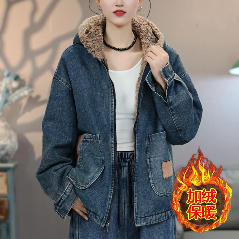 玲2613蓝牛仔连帽棉衣加绒加厚冬季新款棉服宽松时尚外套
