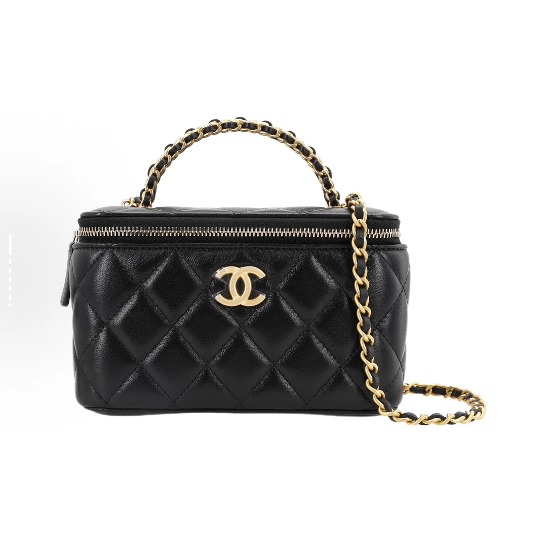 99新 Chanel/香奈儿 22k黑金扣手柄长盒子包手提包芯片