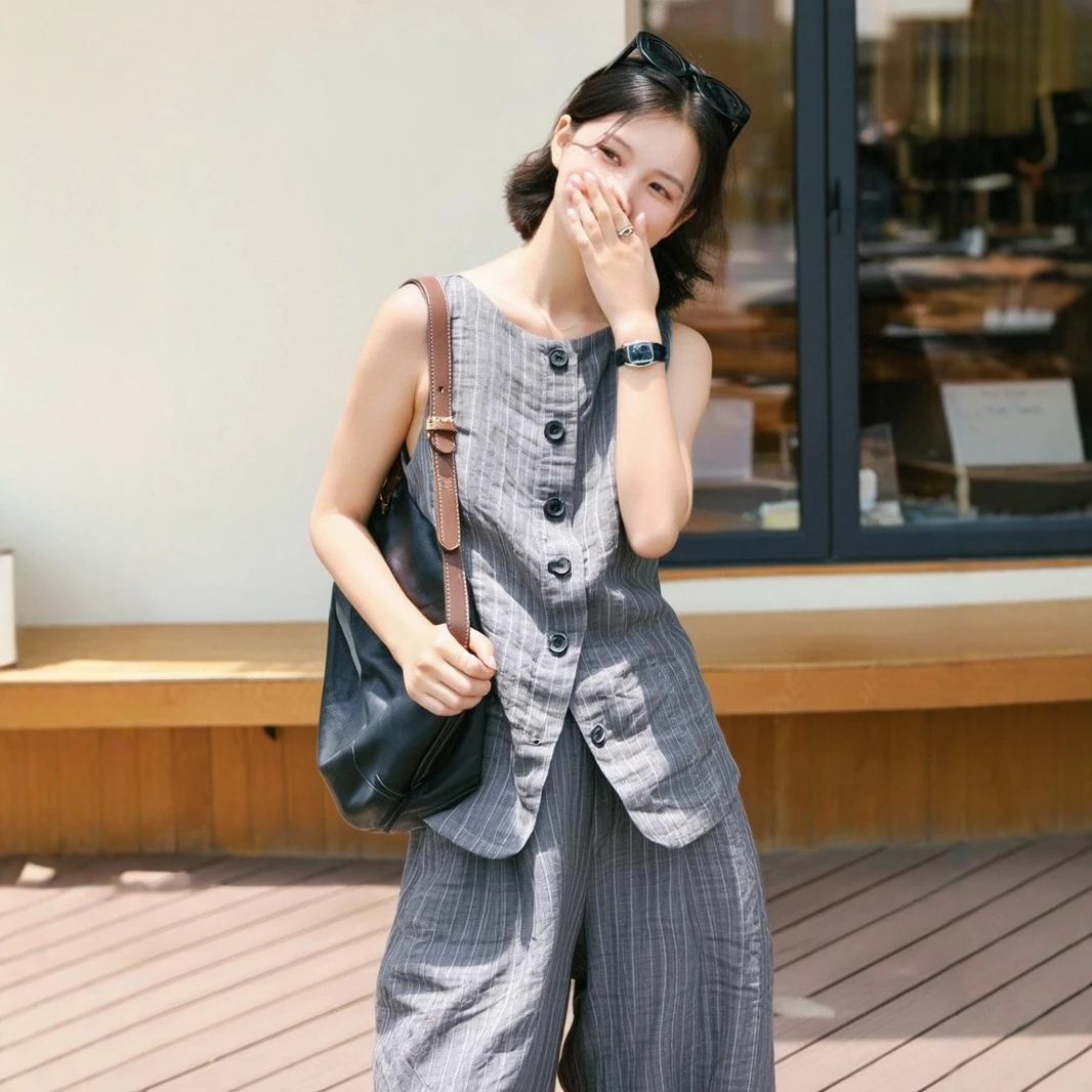 休闲度假风棉麻套装女夏季韩系慵懒风松弛感吊带马甲阔腿裤两件套