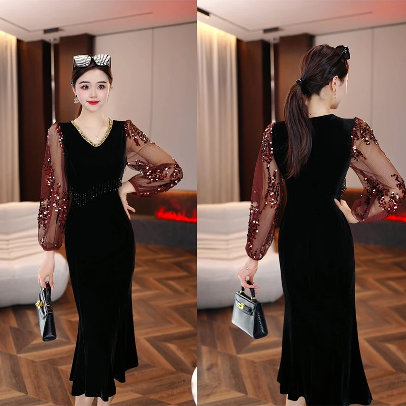 【干枯玫瑰】2025年新款气质穿搭拼接亮片高贵轻奢高端上档次A字裙