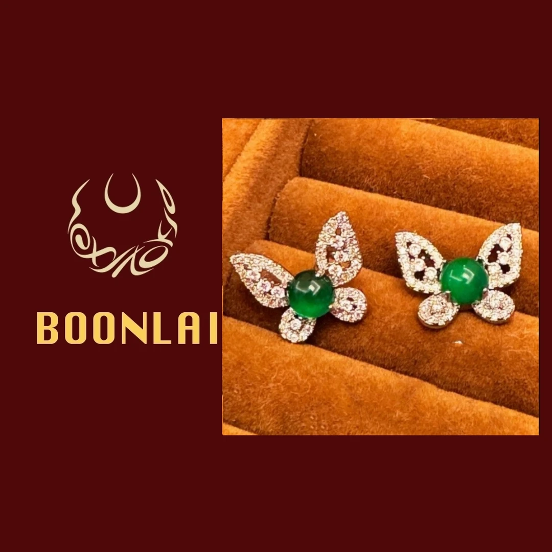铜合金锆石耳饰 Boonlai 国风新中式绿色珠珠满镶蝴蝶耳环4145
