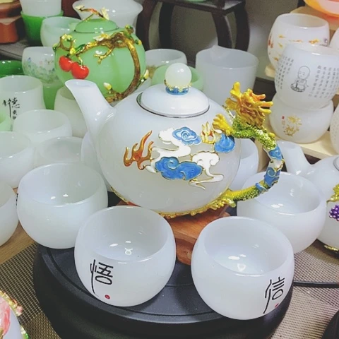 羊脂玉瓷琉璃中式珐琅彩龙腾盛世一壶六杯礼盒套装