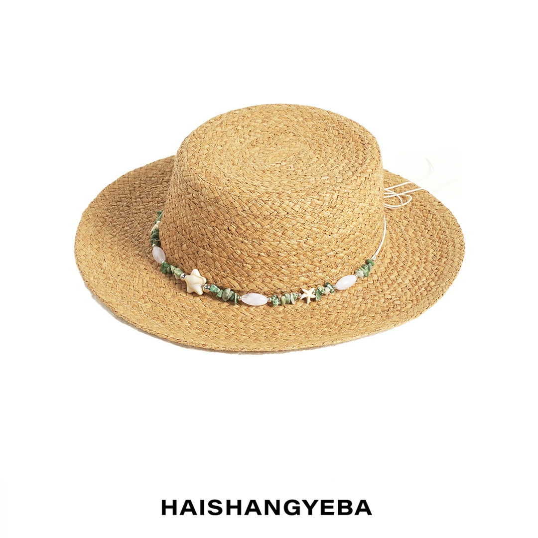 【海上叶爸】新款2025春夏百搭拉菲草平头平边草帽