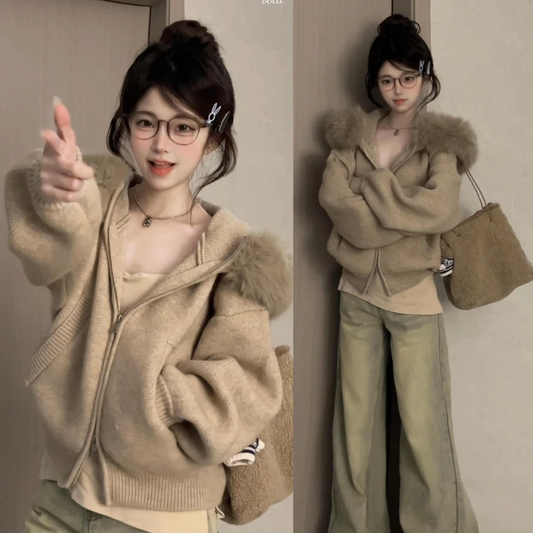 韩系慵懒风毛领外套连帽针织开衫女秋冬季小个子宽松毛织外搭上衣