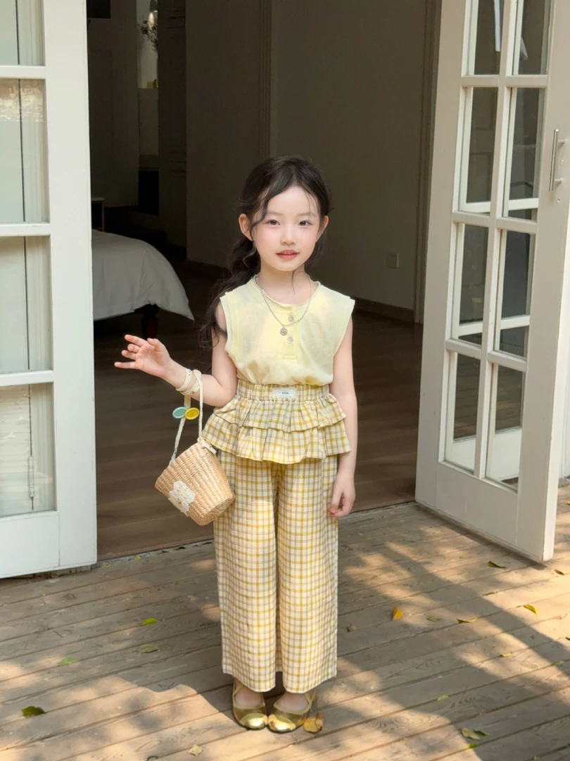 大橙子Studio女童夏季款韩版无袖背心格子拼接花边直筒裤洋气套装