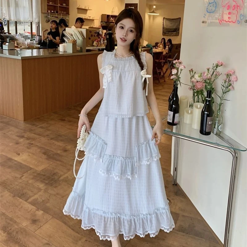 温柔系炸街奶乖套装甜美蝴蝶结蕾丝花边无袖背心女半身裙两件套