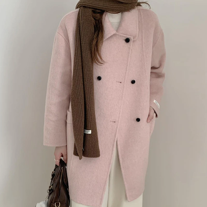 韩版学院风秋冬新款毛呢外套中长款翻领双面羊毛大衣