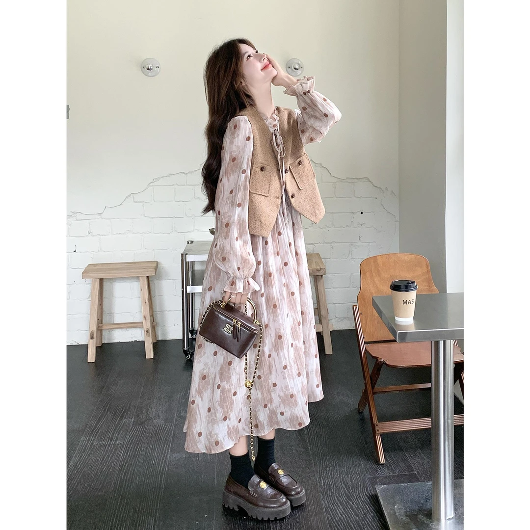 氛围感气质套装裙女2025秋季新款超好看复古马甲波点连衣裙两件套