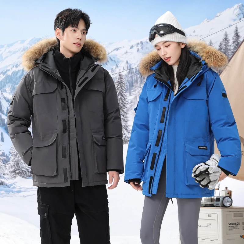 中长款情侣羽绒服男女加厚时尚户外连帽冬季防寒工装貉子毛领外套