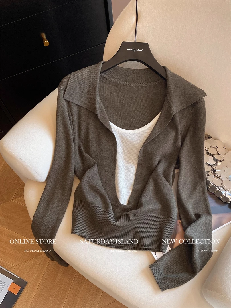 咖啡色设计假两件翻领针织衫女装2025秋季老钱风气质百搭显瘦上衣
