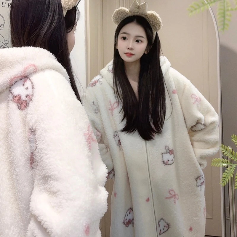 【熙熙家】冬季被窝睡衣女超长睡袍米粒绒加厚保暖家居服睡袍连帽