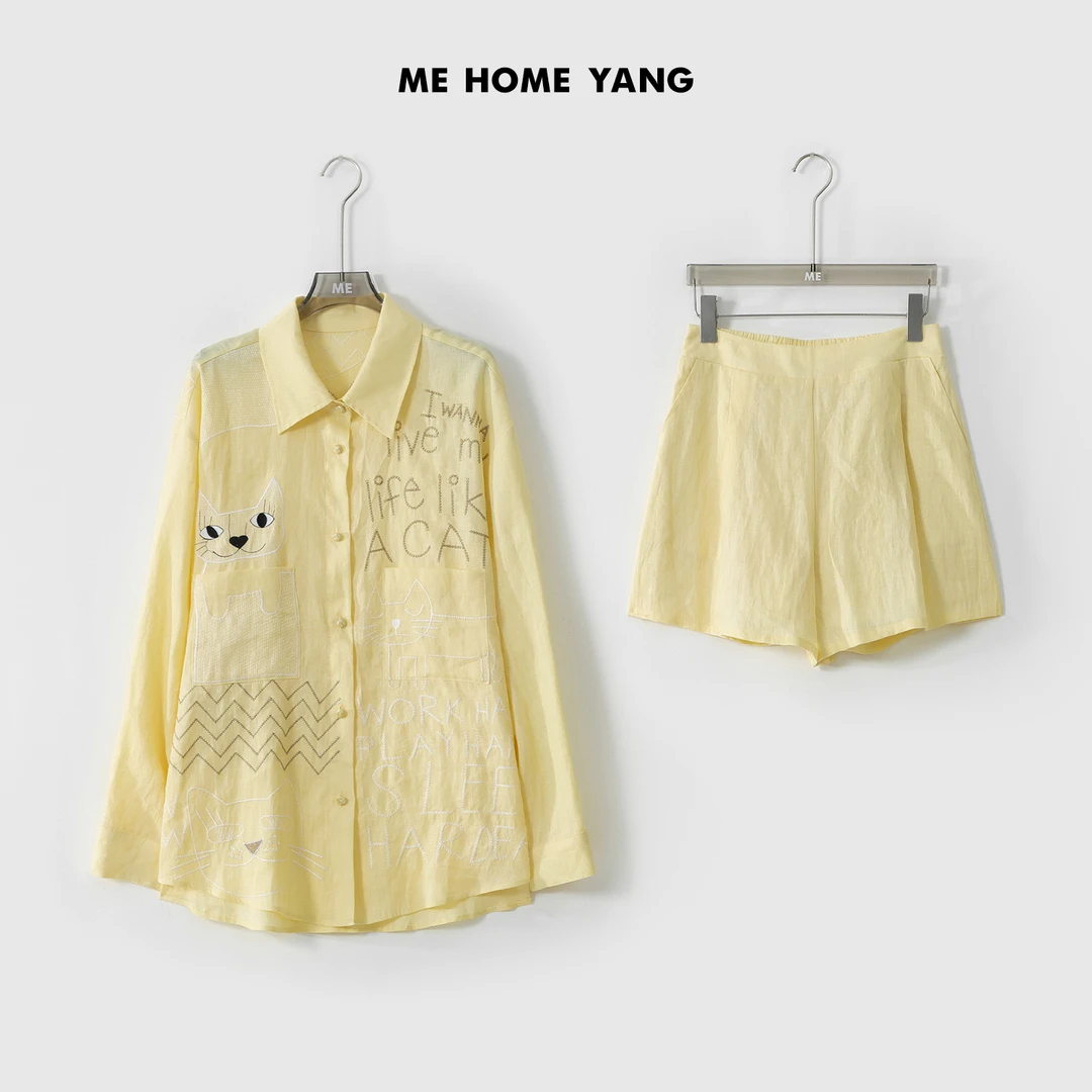 ME【100%亚麻猫咪套装】透气显瘦百搭时尚休闲一手长套装MESS2756